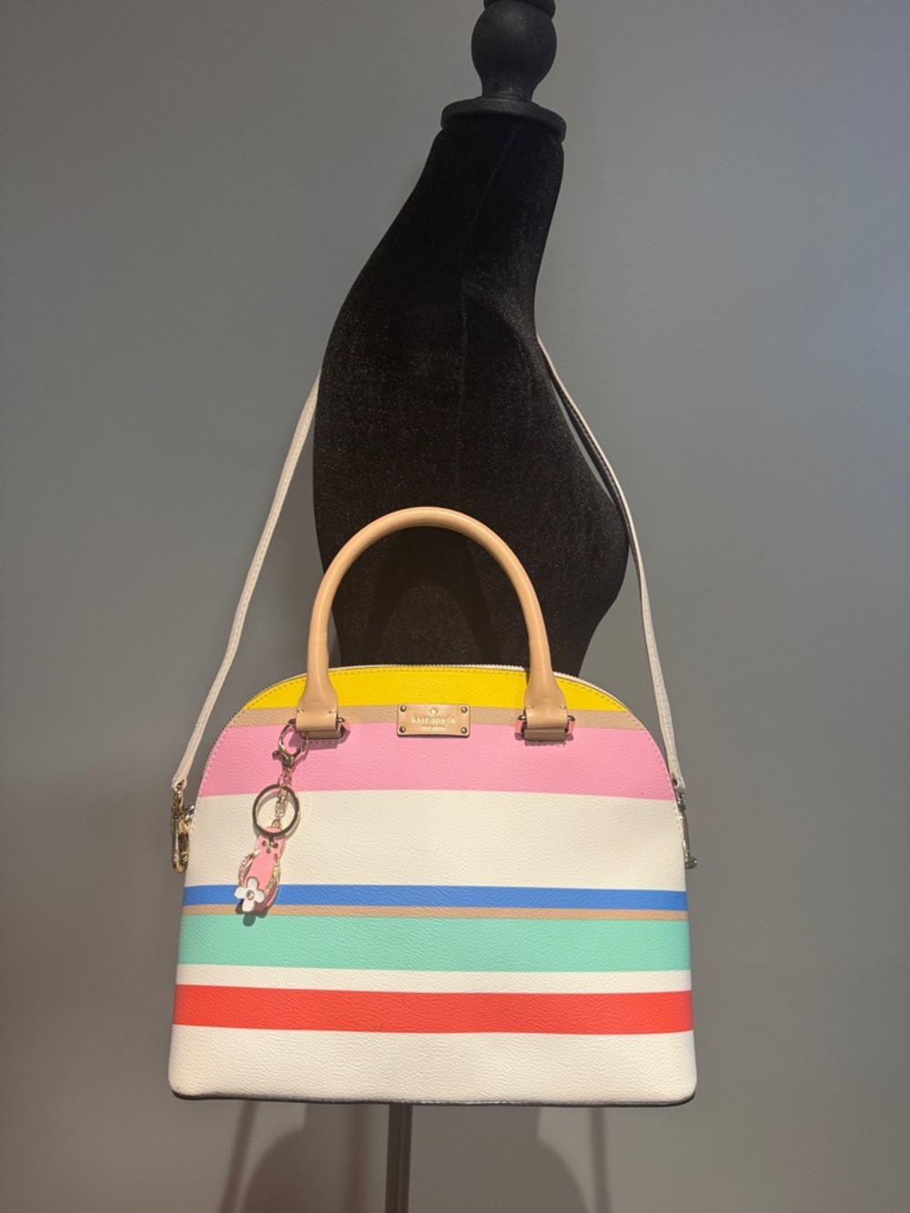 Kate Spade Rare Vintage Multicolor Striped Satchel with key charm - Picture 10 of 10